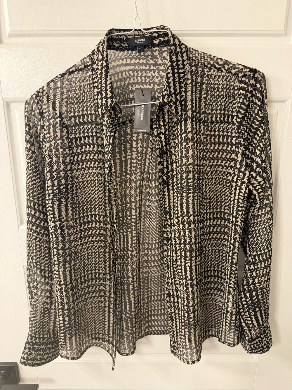 Express Black and Cream Sheer Patterned Button-Up
